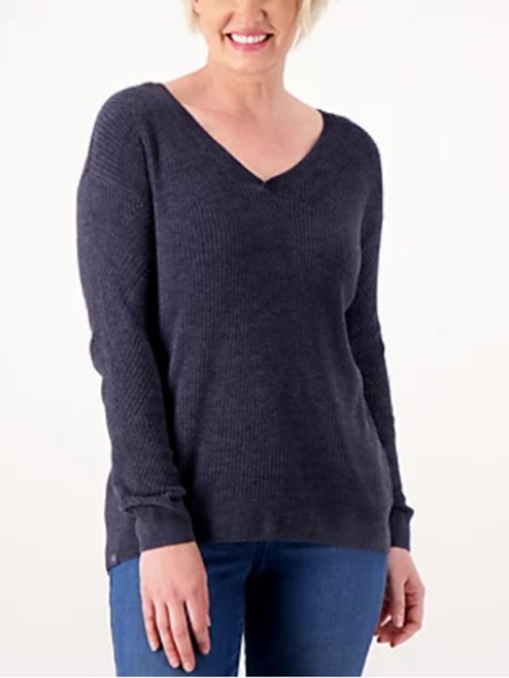 Barefoot Dreams CozyChic Ultra Lite V-Neck Pointelle Rib Pullover Indigo Size S